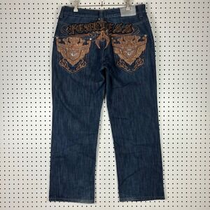 Imperious Delf Trading Embroidered Baggy Jean Blue 36x32 Y2K Streetwear Gold Y2K